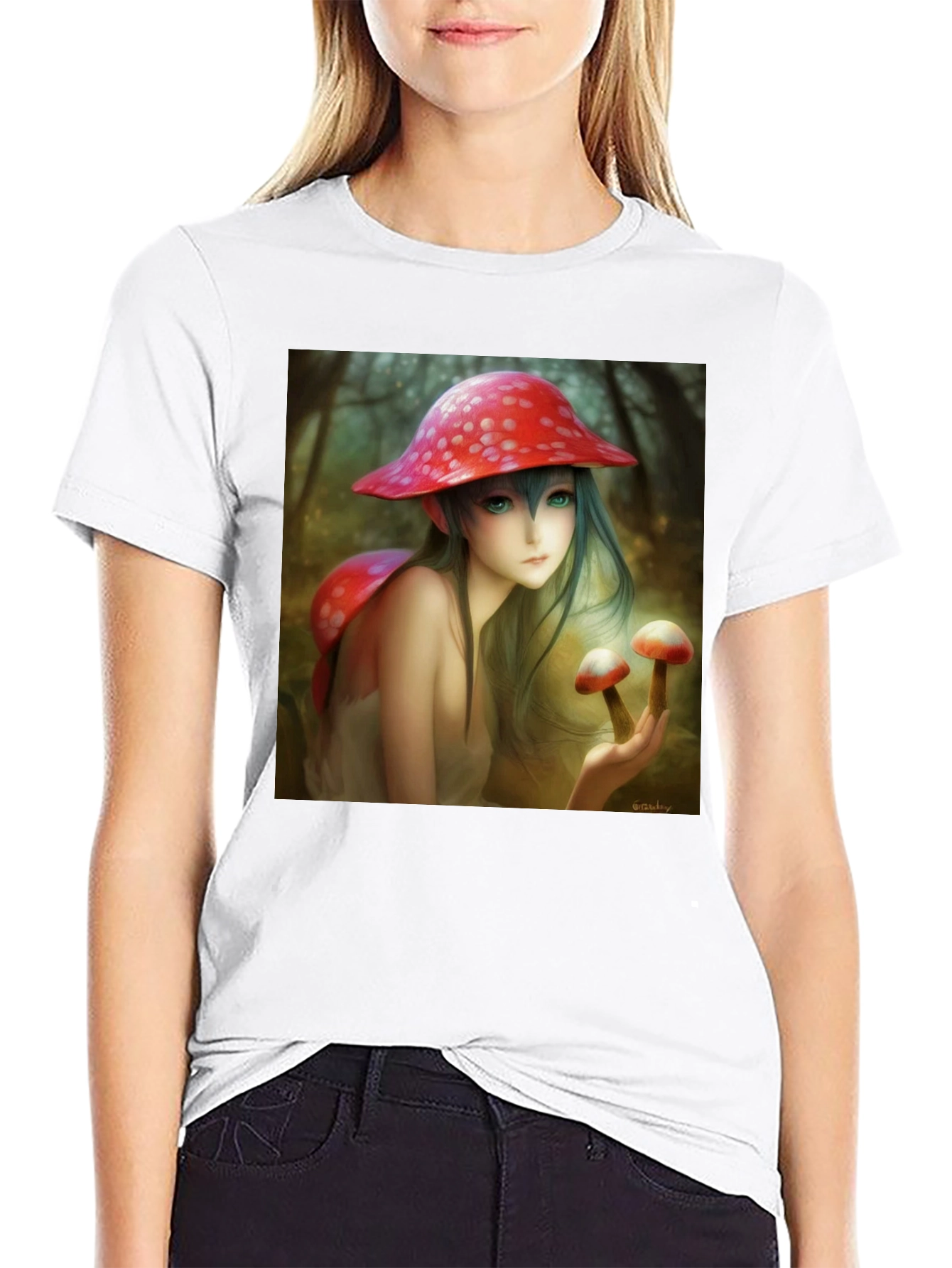 Camiseta Negra con Diseño de Hada de Hongos