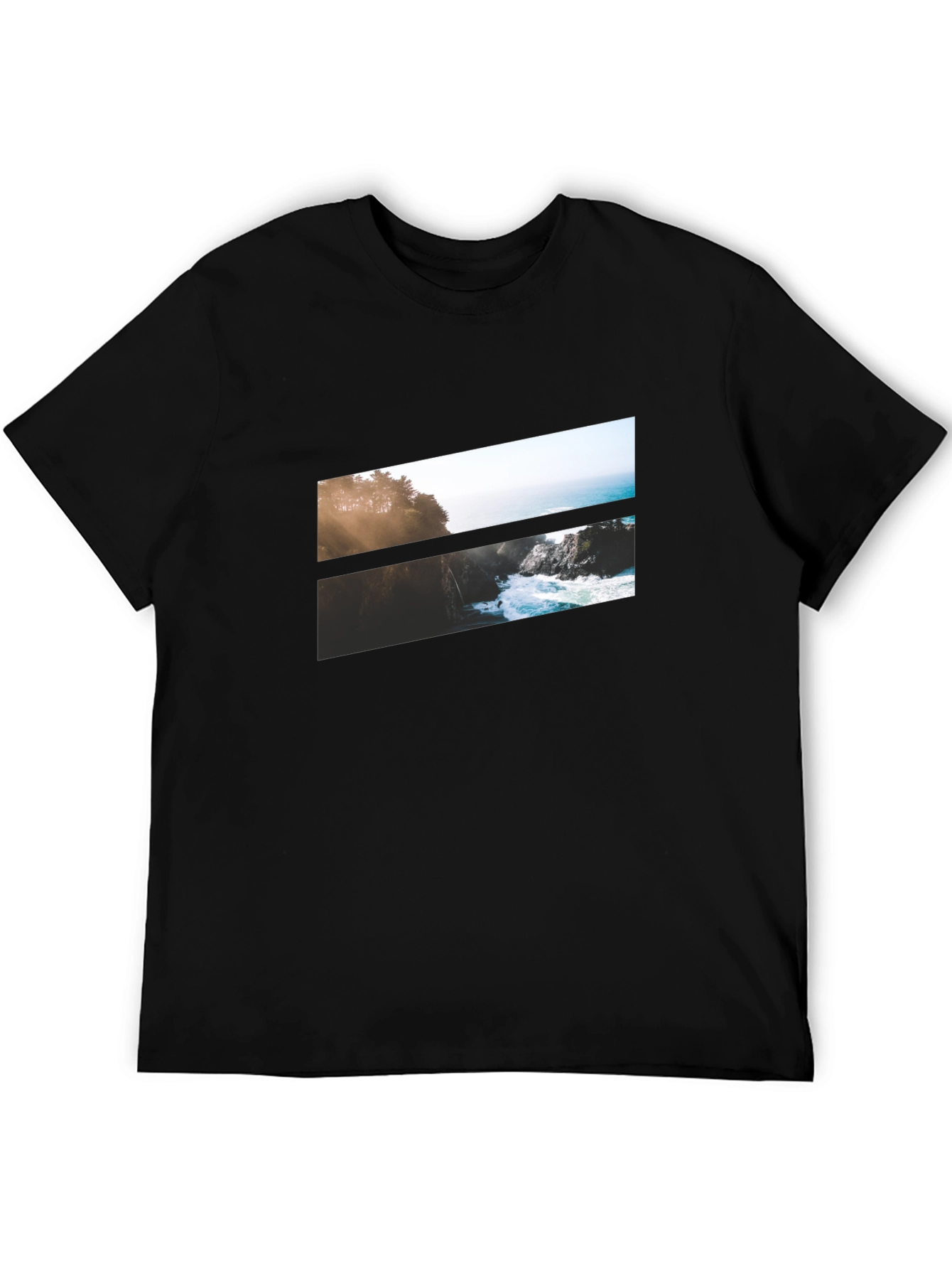 Camiseta Negra con Diseño Paisajístico Abstracto