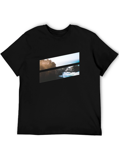 Camiseta Negra con Diseño Paisajístico Abstracto