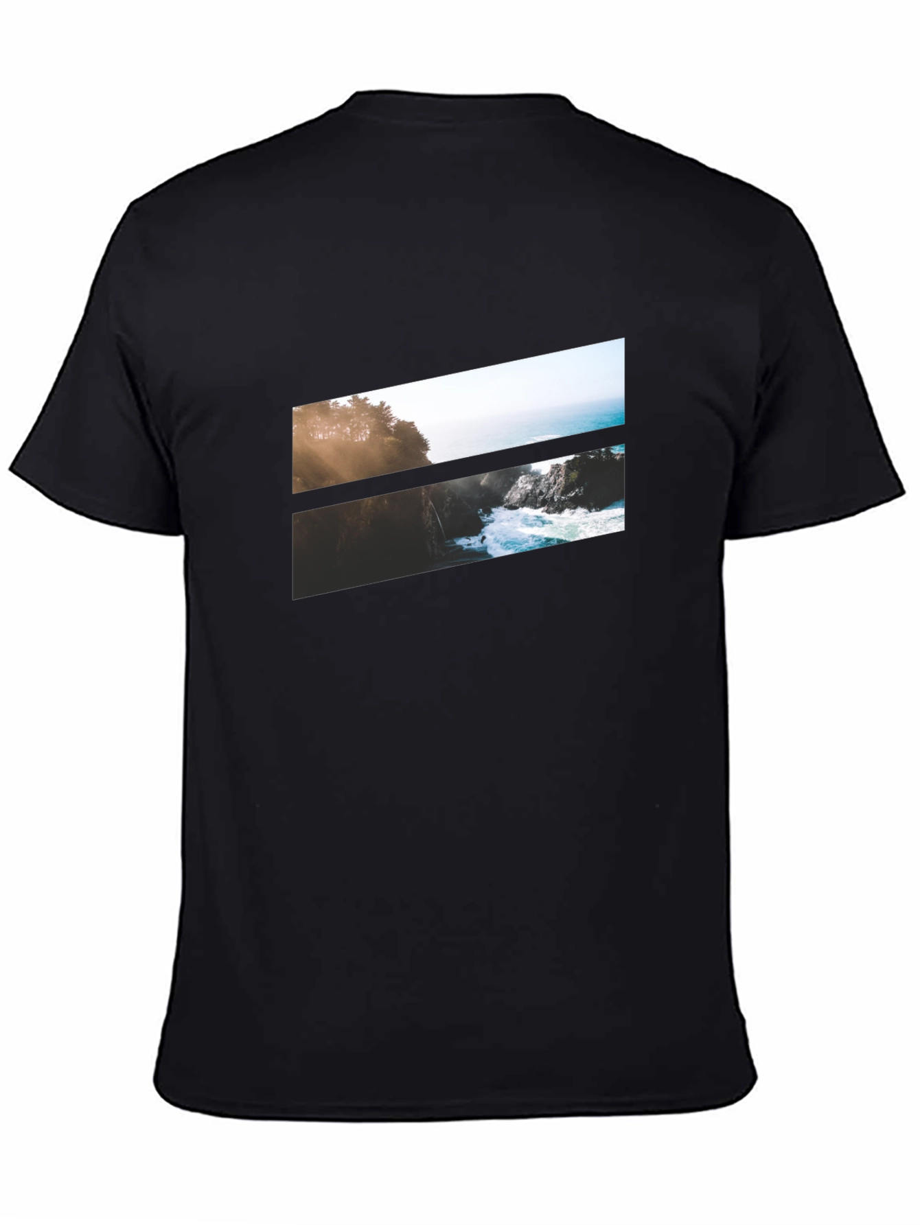 Camiseta Negra con Diseño Paisajístico Abstracto