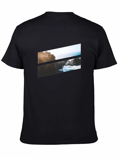Camiseta Negra con Diseño Paisajístico Abstracto