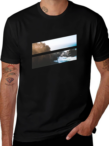 Camiseta Negra con Diseño Paisajístico Abstracto