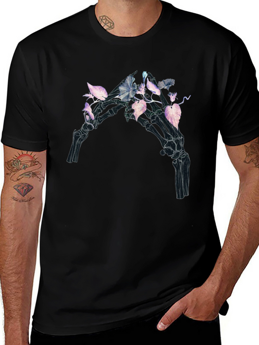 Camiseta Negra con Diseño Floral Esquelético