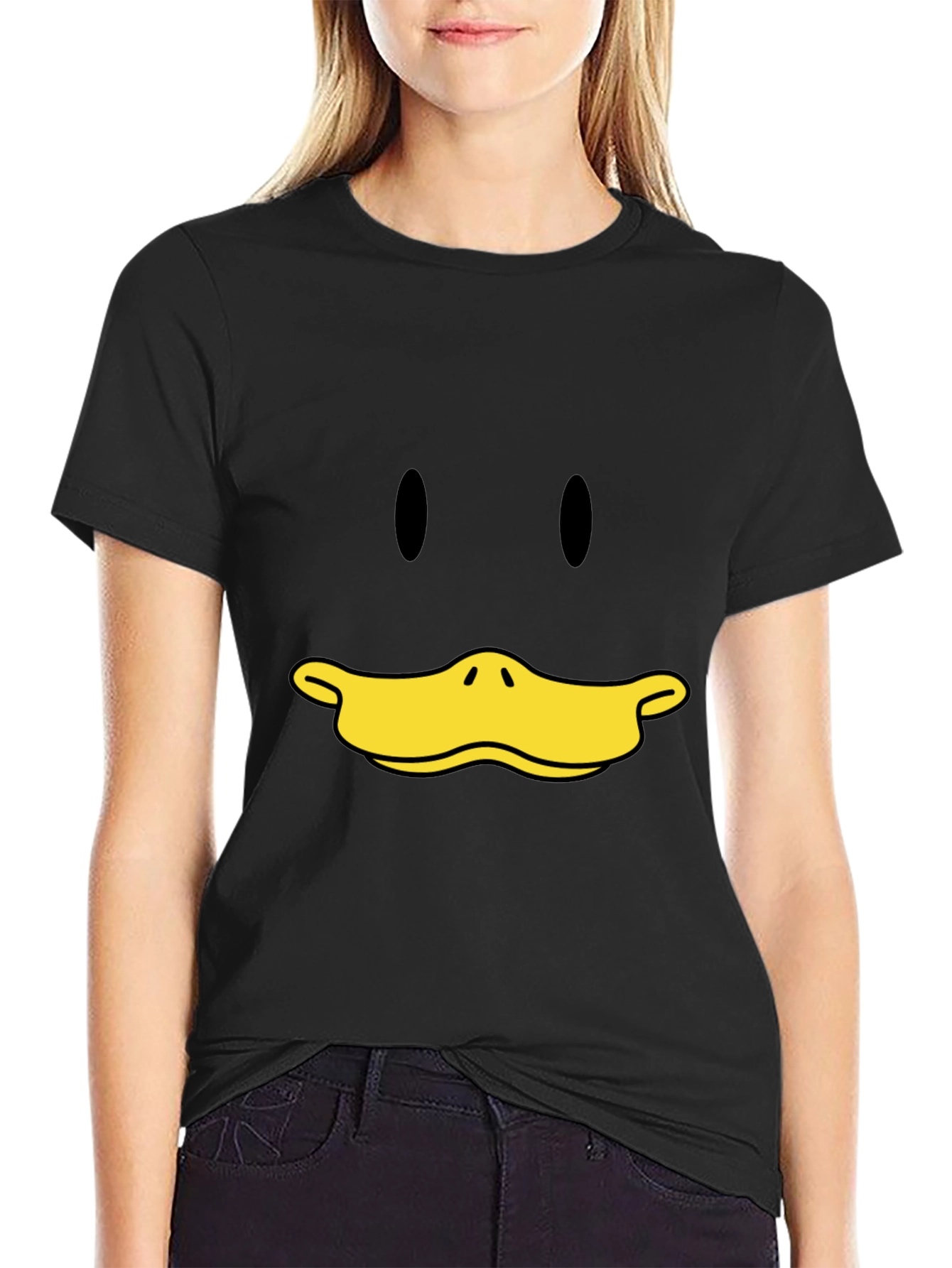 Camiseta Negra con Cara de Pato Divertida