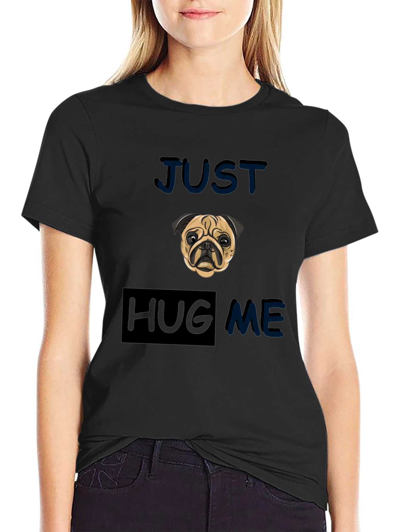 Camiseta Negra con Pug - Solo Abrázame