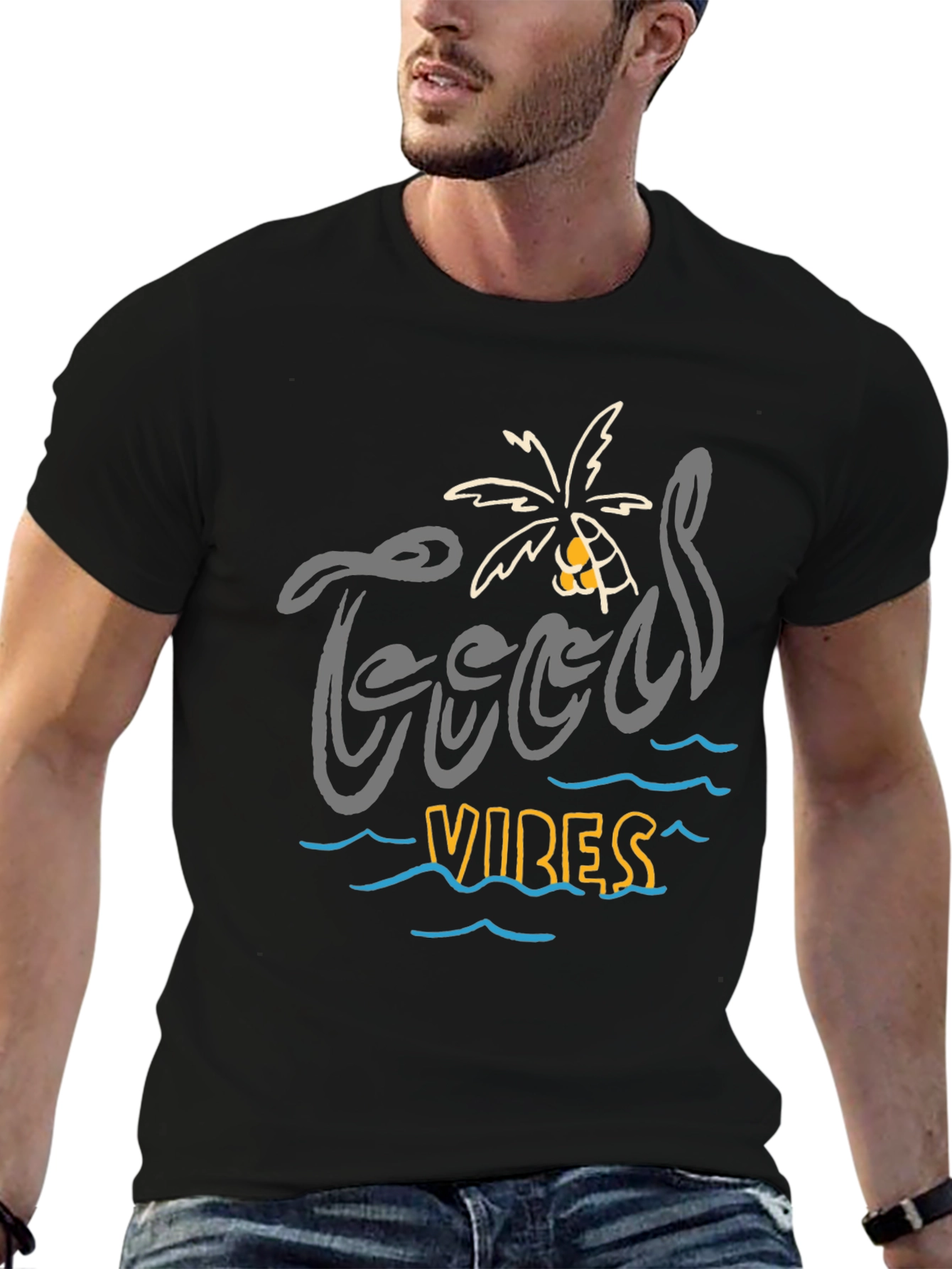 Camiseta Negra “Good Vibes” Estilo Playa