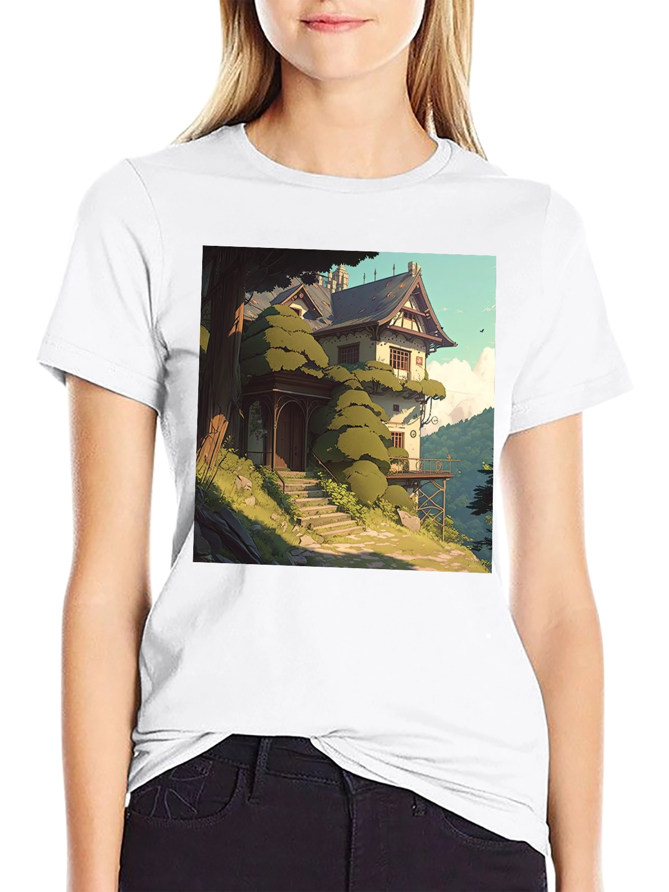 Camiseta Negra con Diseño de Casa de Campo