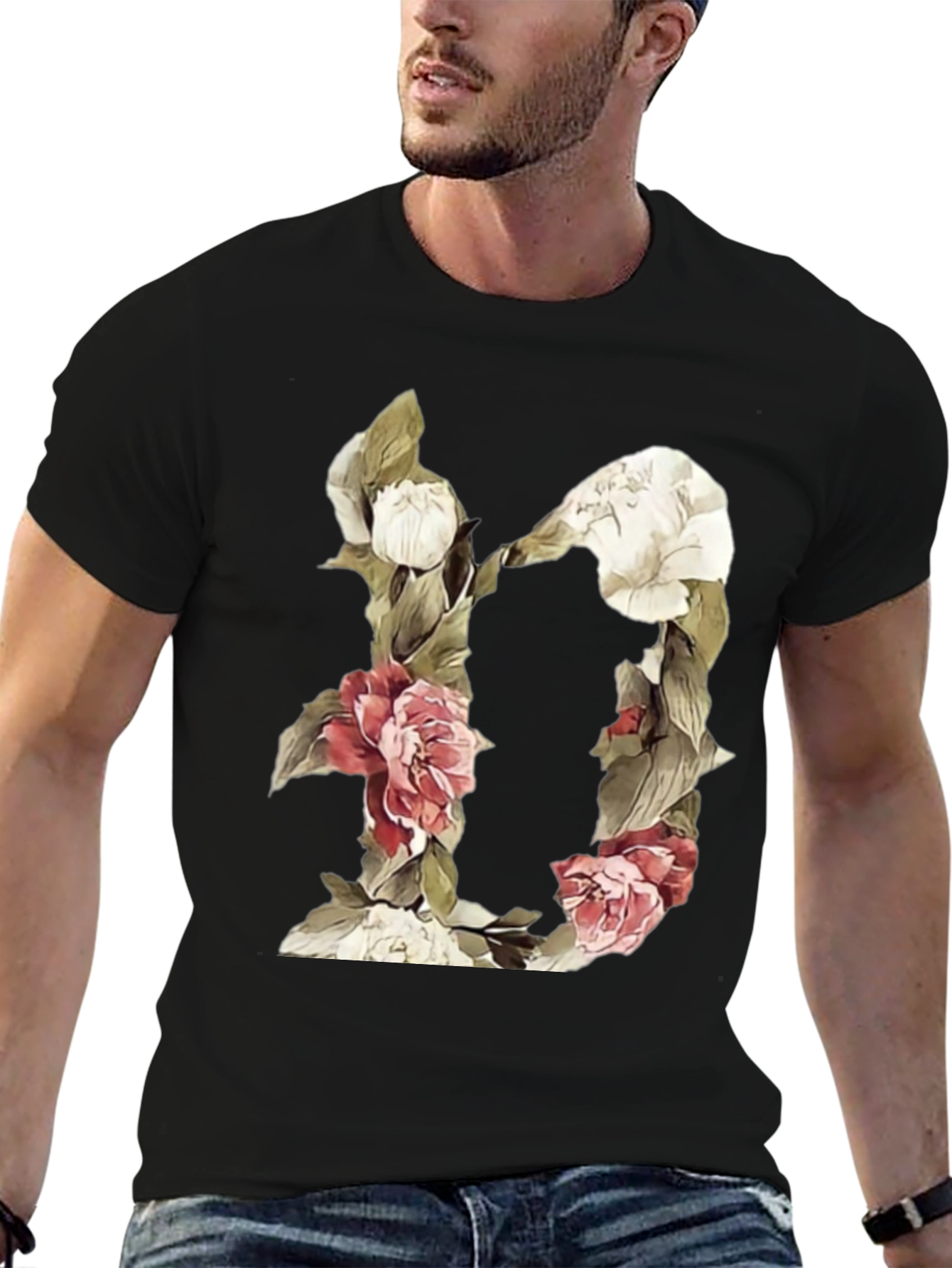 Camiseta Negra con Diseño Floral Letra D