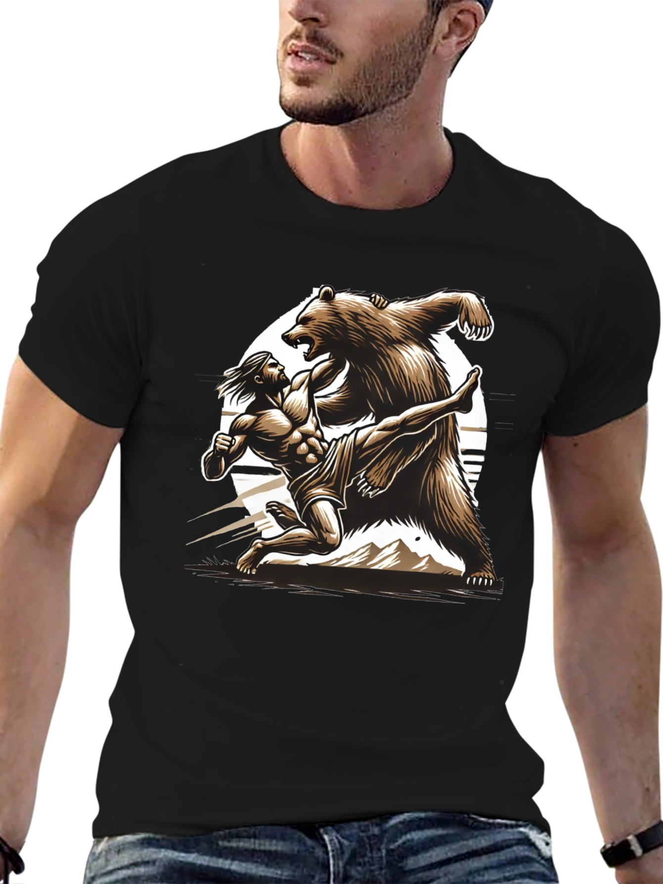 Camiseta Hombre: Lucha Épica Oso vs Guerrero