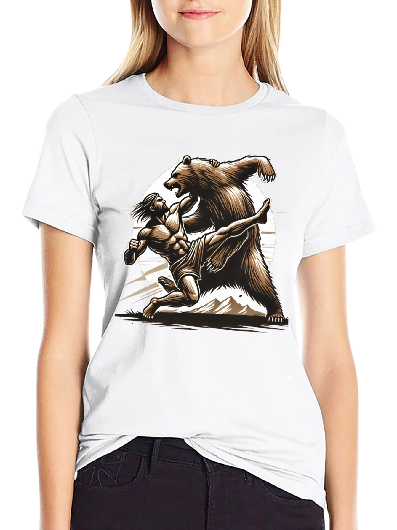 Camiseta Hombre: Lucha Épica Oso vs Guerrero