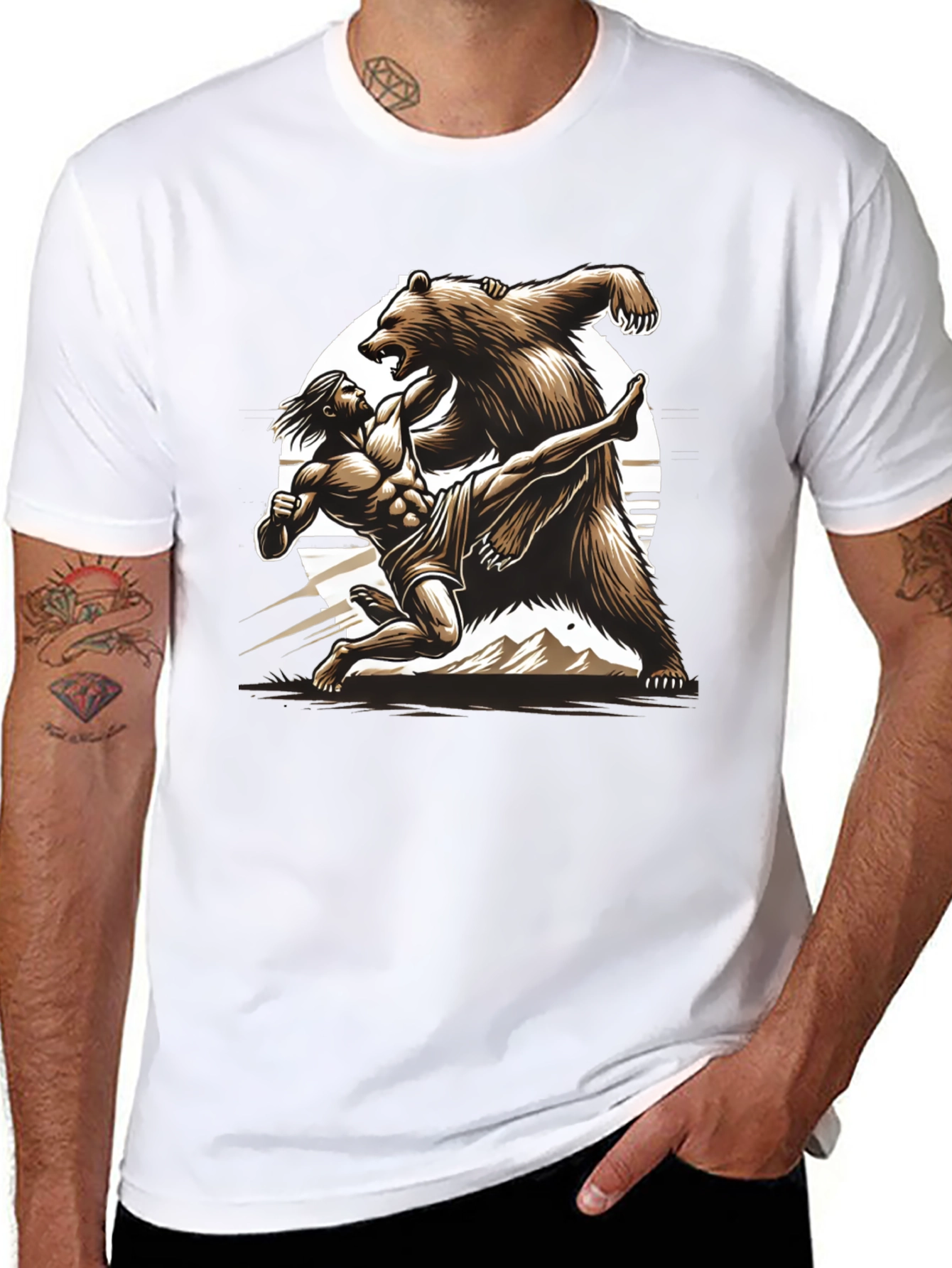 Camiseta Hombre: Lucha Épica Oso vs Guerrero