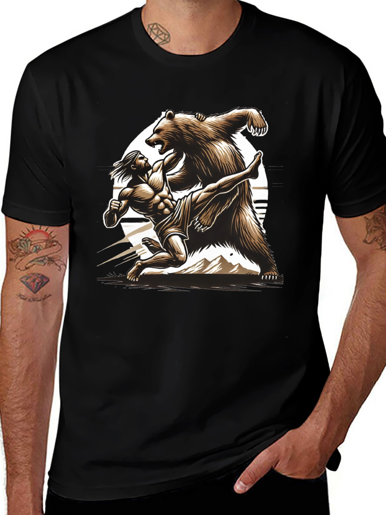 Camiseta Hombre: Lucha Épica Oso vs Guerrero