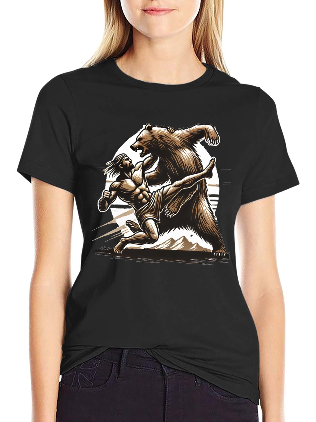 Camiseta Hombre: Lucha Épica Oso vs Guerrero