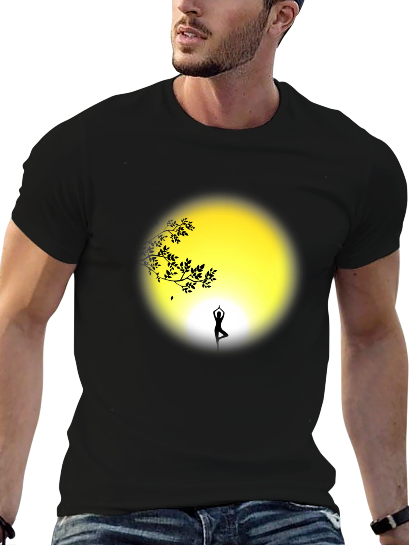Camiseta Negra Yoga Silueta Árbol y Luna