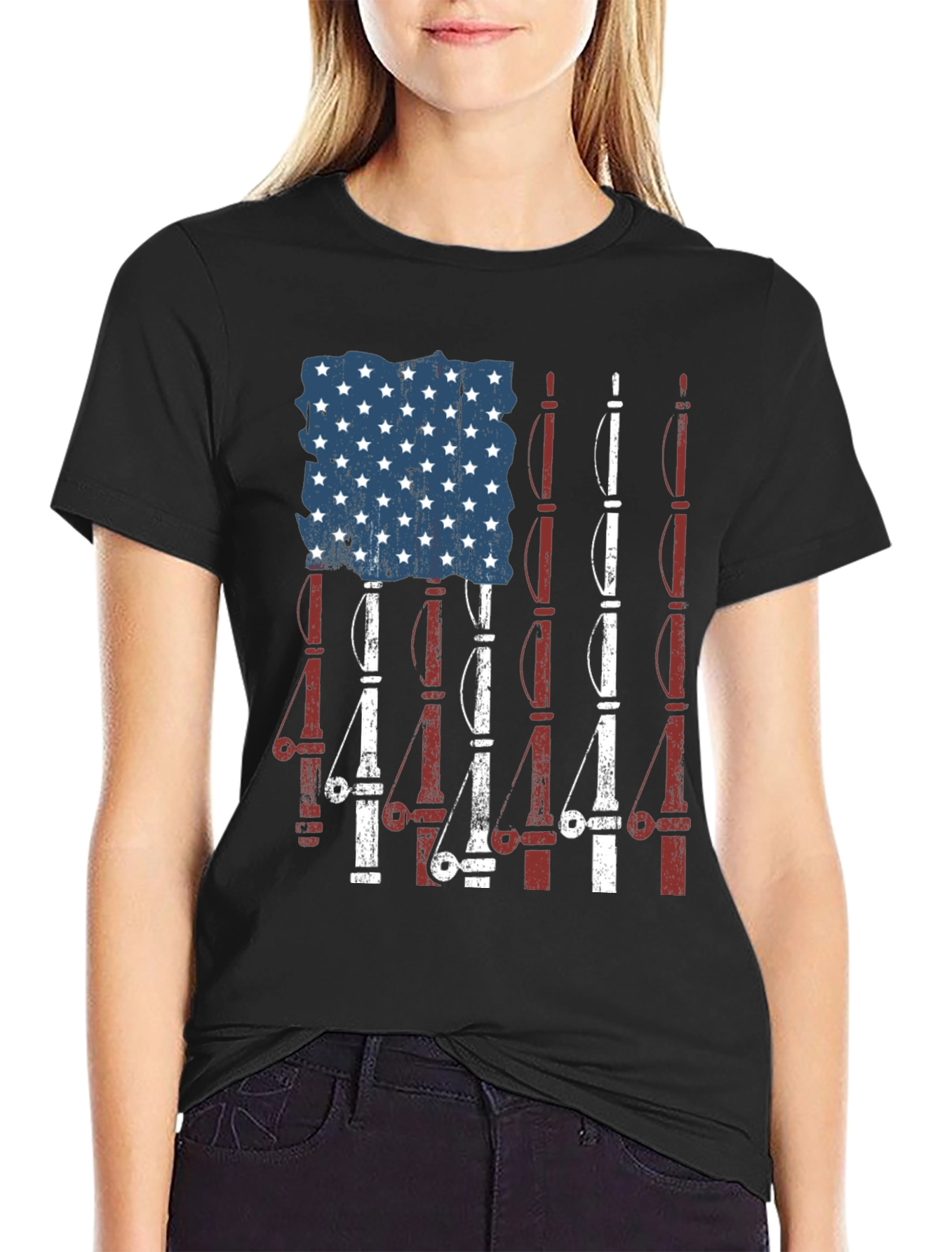 Camiseta Negra Diseño Bandera Americana y Cañas de Pescar