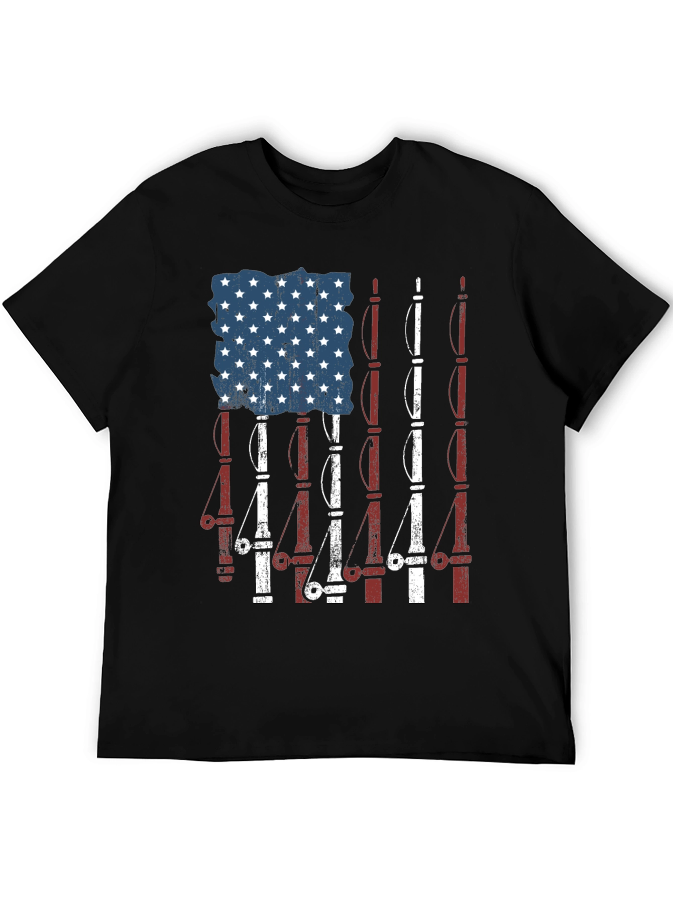 Camiseta Negra Diseño Bandera Americana y Cañas de Pescar