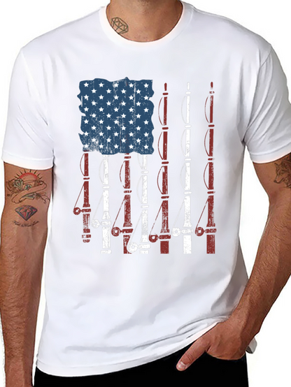 Camiseta Negra Diseño Bandera Americana y Cañas de Pescar