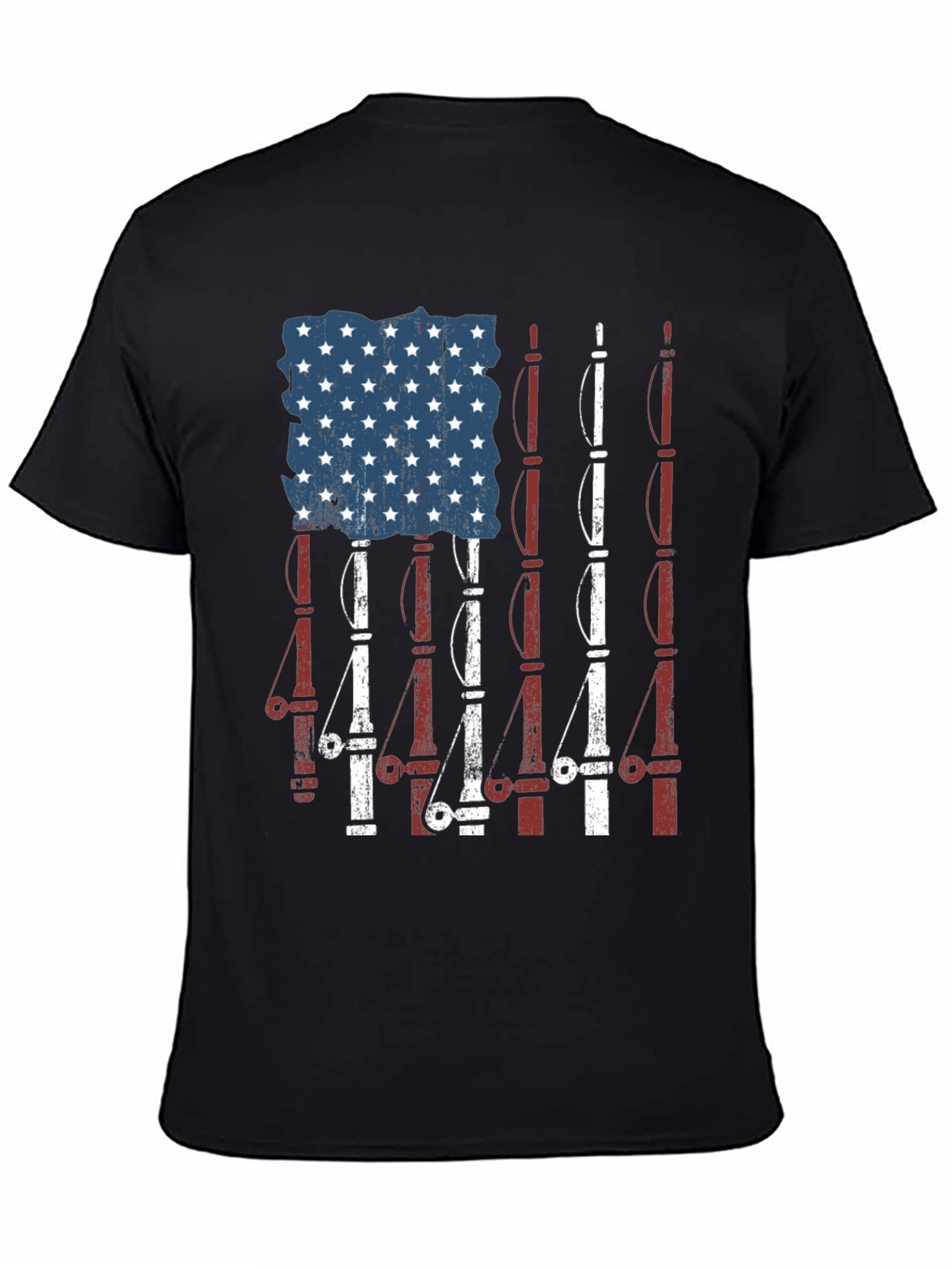 Camiseta Negra Diseño Bandera Americana y Cañas de Pescar