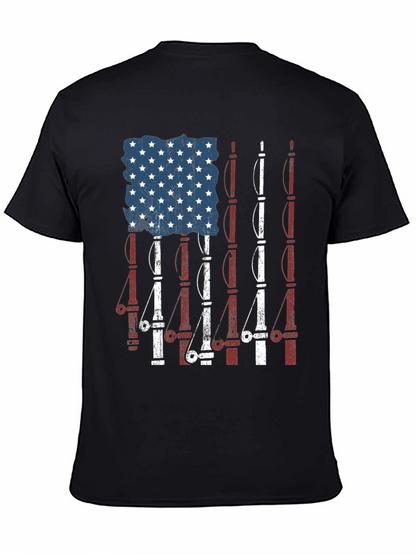 Camiseta Negra Diseño Bandera Americana y Cañas de Pescar