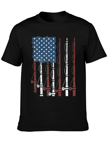 Camiseta Negra Diseño Bandera Americana y Cañas de Pescar