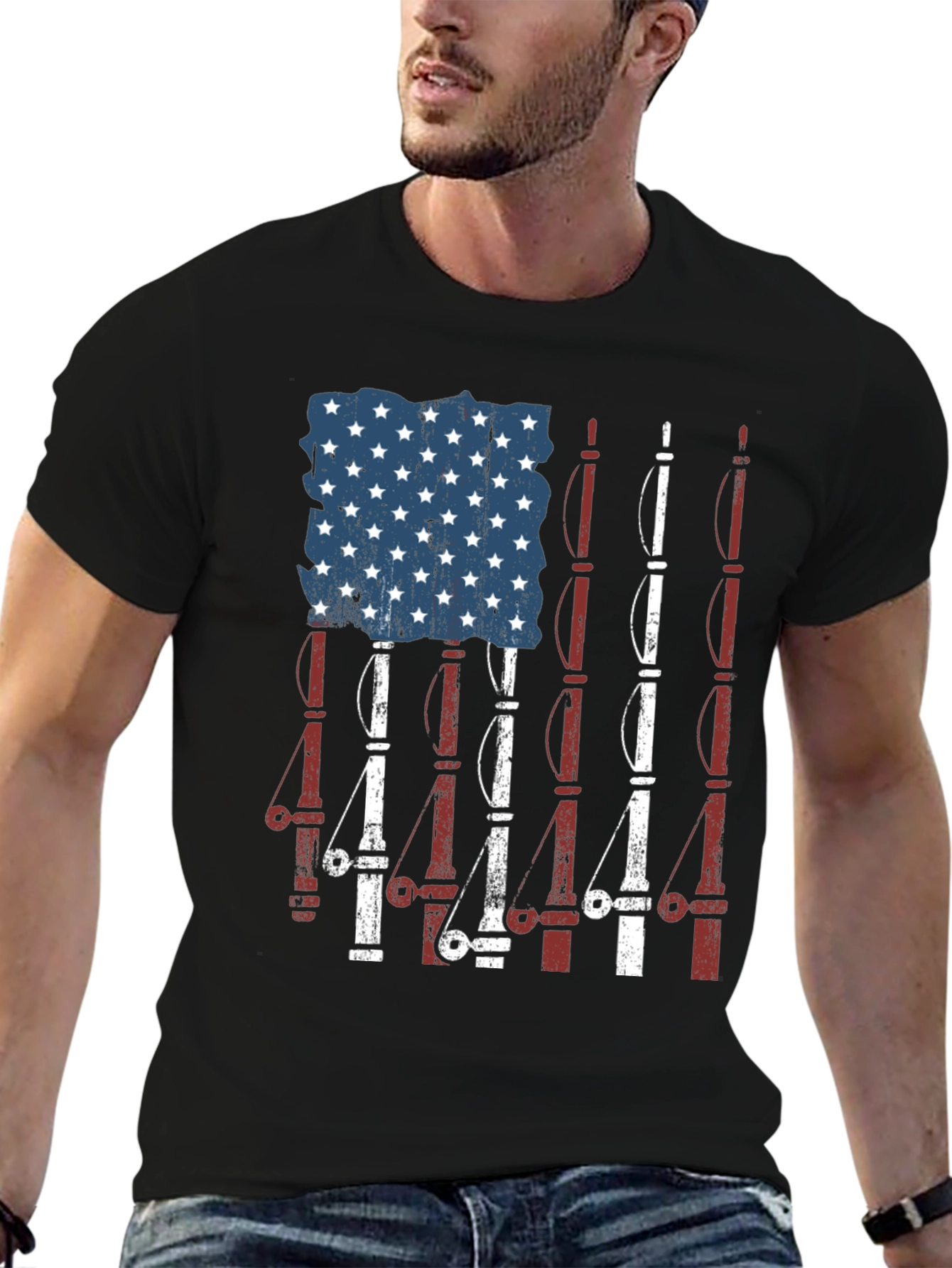 Camiseta Negra Diseño Bandera Americana y Cañas de Pescar