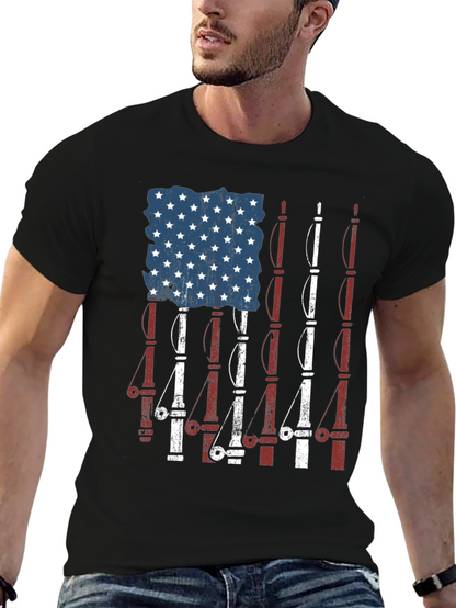 Camiseta Negra Diseño Bandera Americana y Cañas de Pescar