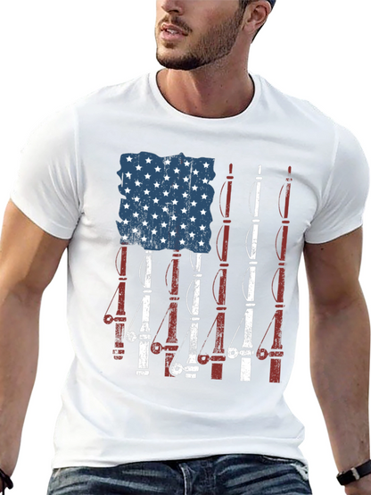 Camiseta Negra Diseño Bandera Americana y Cañas de Pescar