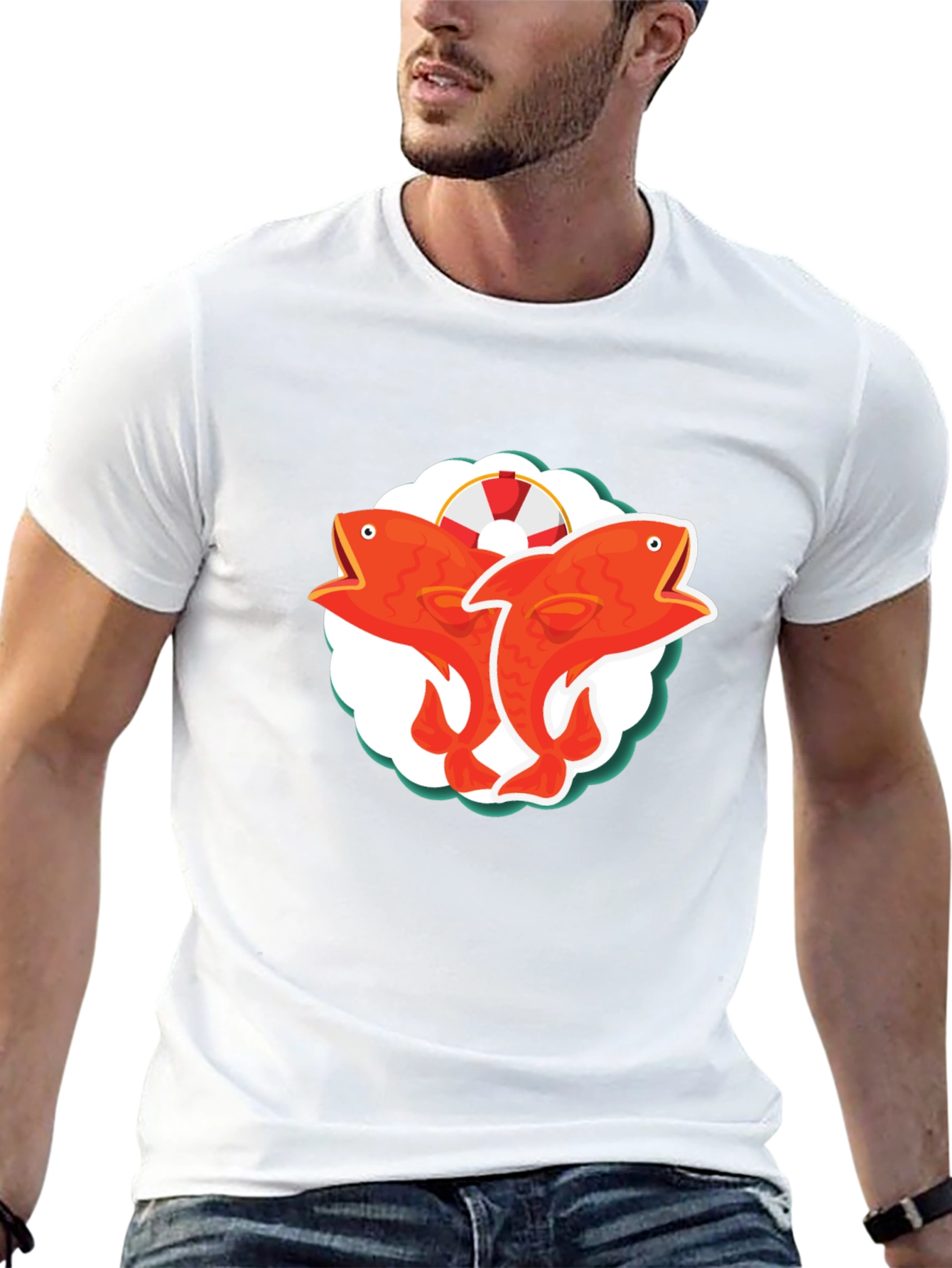 Camiseta Negra con Diseño de Peces Naranja
