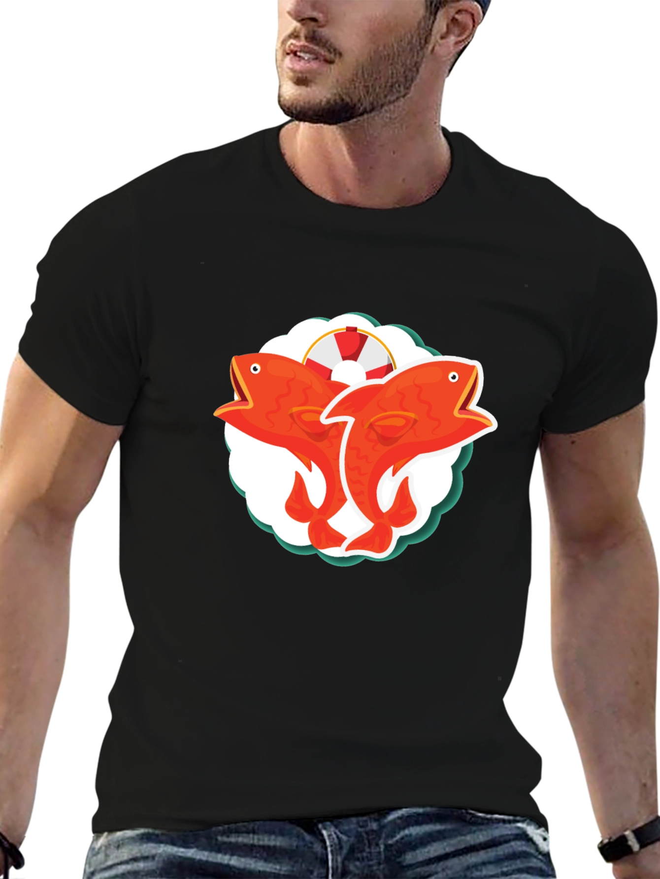 Camiseta Negra con Diseño de Peces Naranja