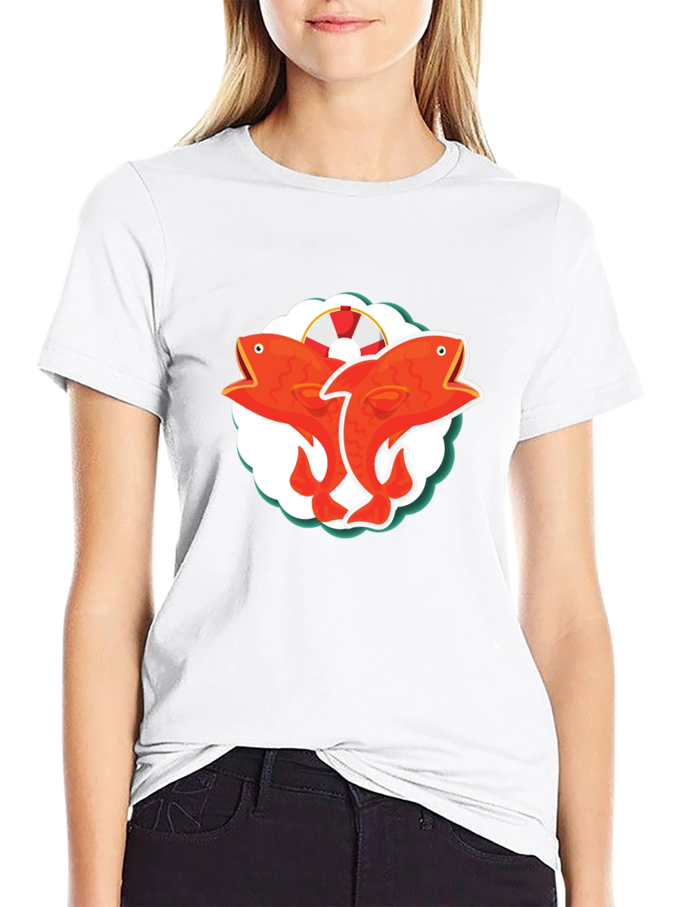 Camiseta Negra con Diseño de Peces Naranja
