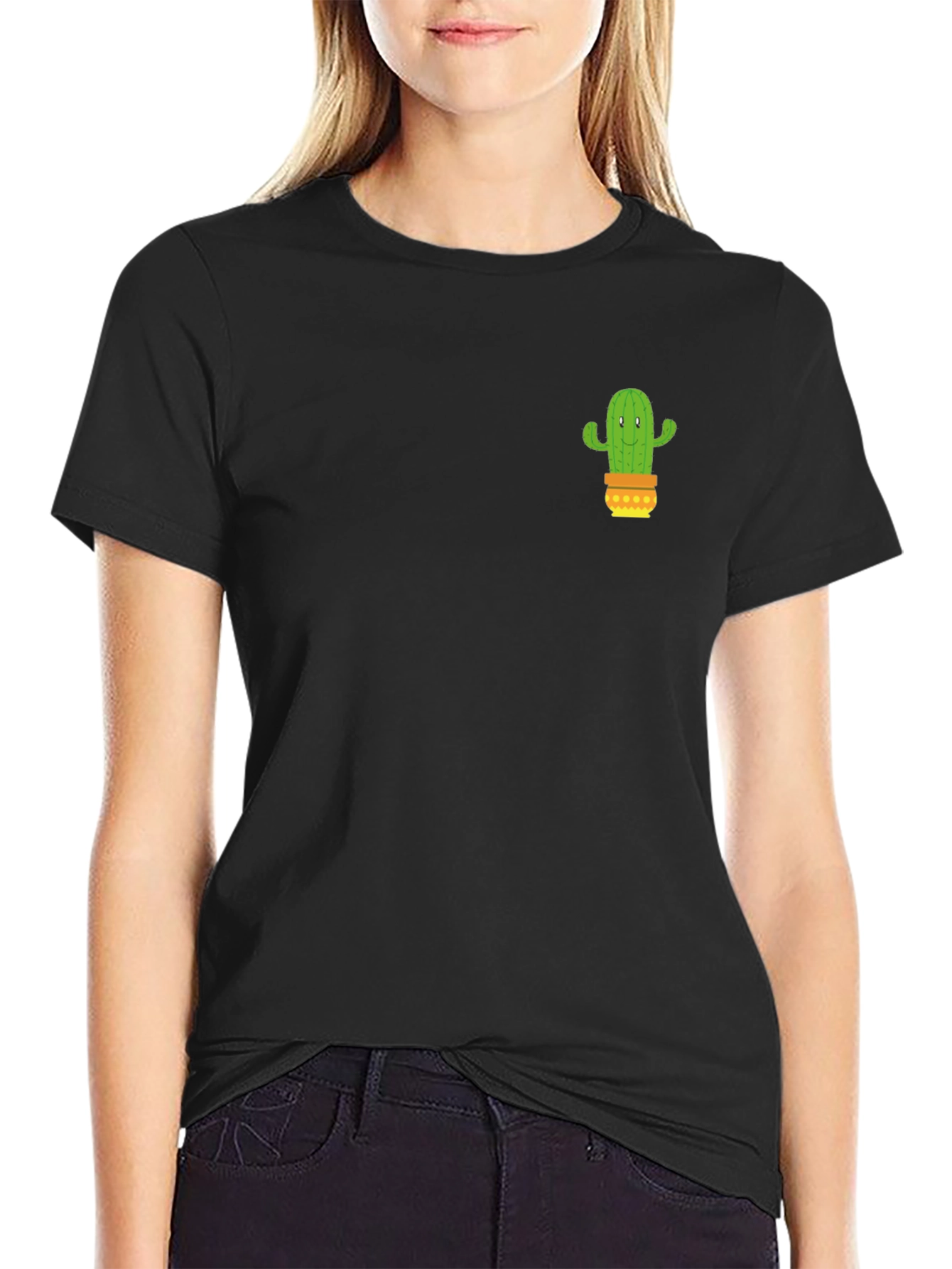 Camiseta Negra con Diseño de Cactus en Maceta