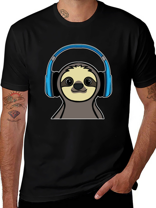 Camiseta Negra con Diseño de Perezoso con Auriculares