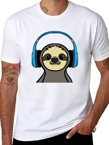 Camiseta Negra con Diseño de Perezoso con Auriculares