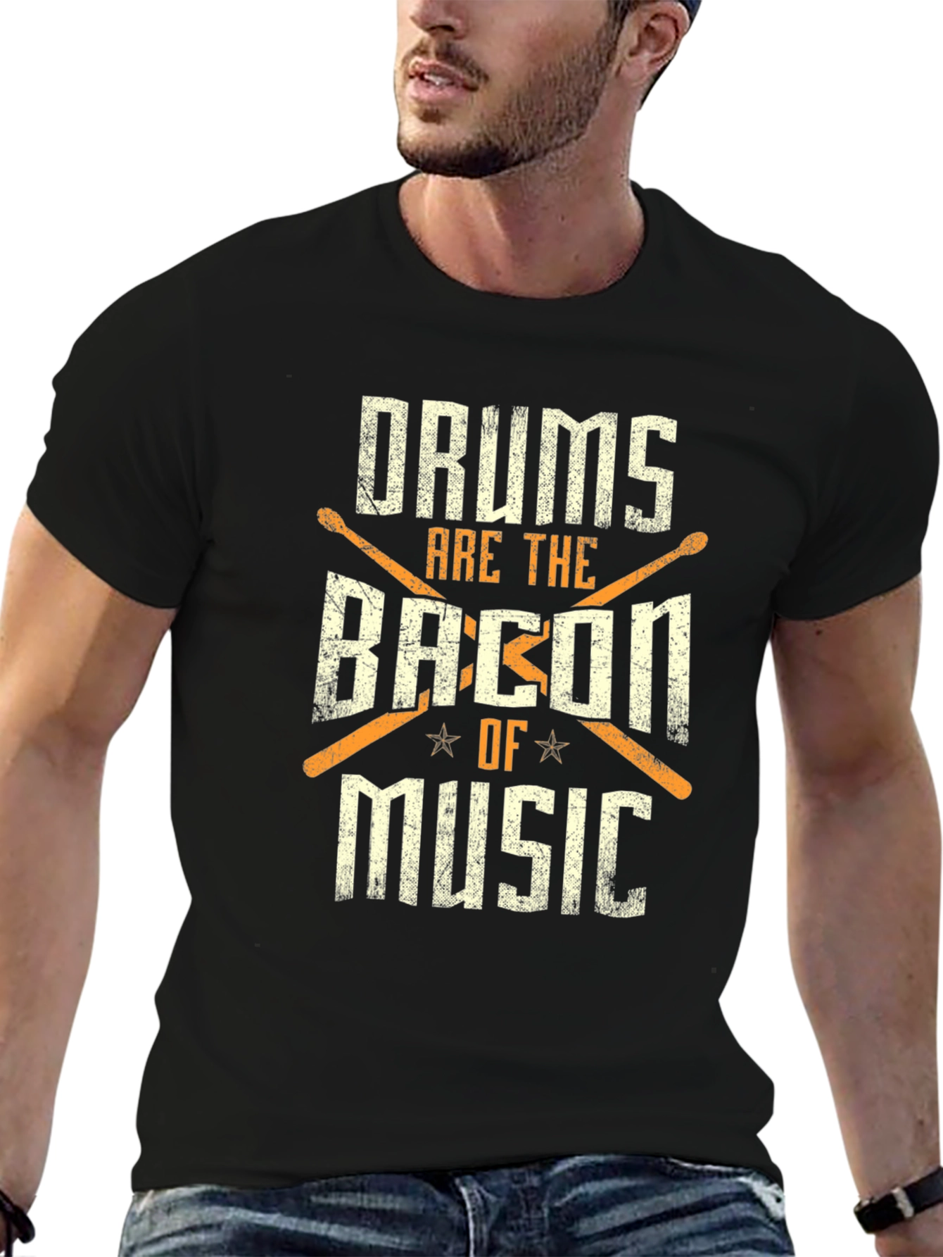 Camiseta Negra: Drums Are The Bacon Of Music