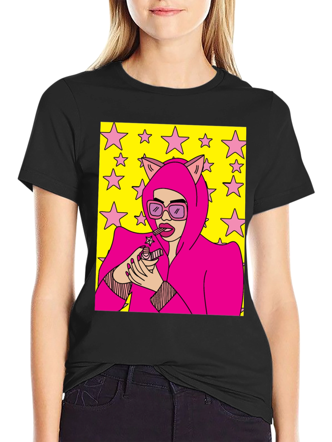 Camiseta Negra con Diseño Pop Art Femenino