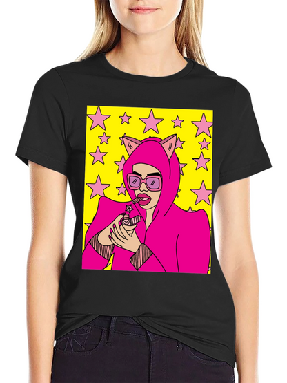 Camiseta Negra con Diseño Pop Art Femenino