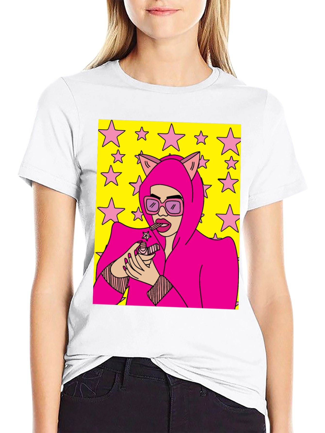 Camiseta Negra con Diseño Pop Art Femenino