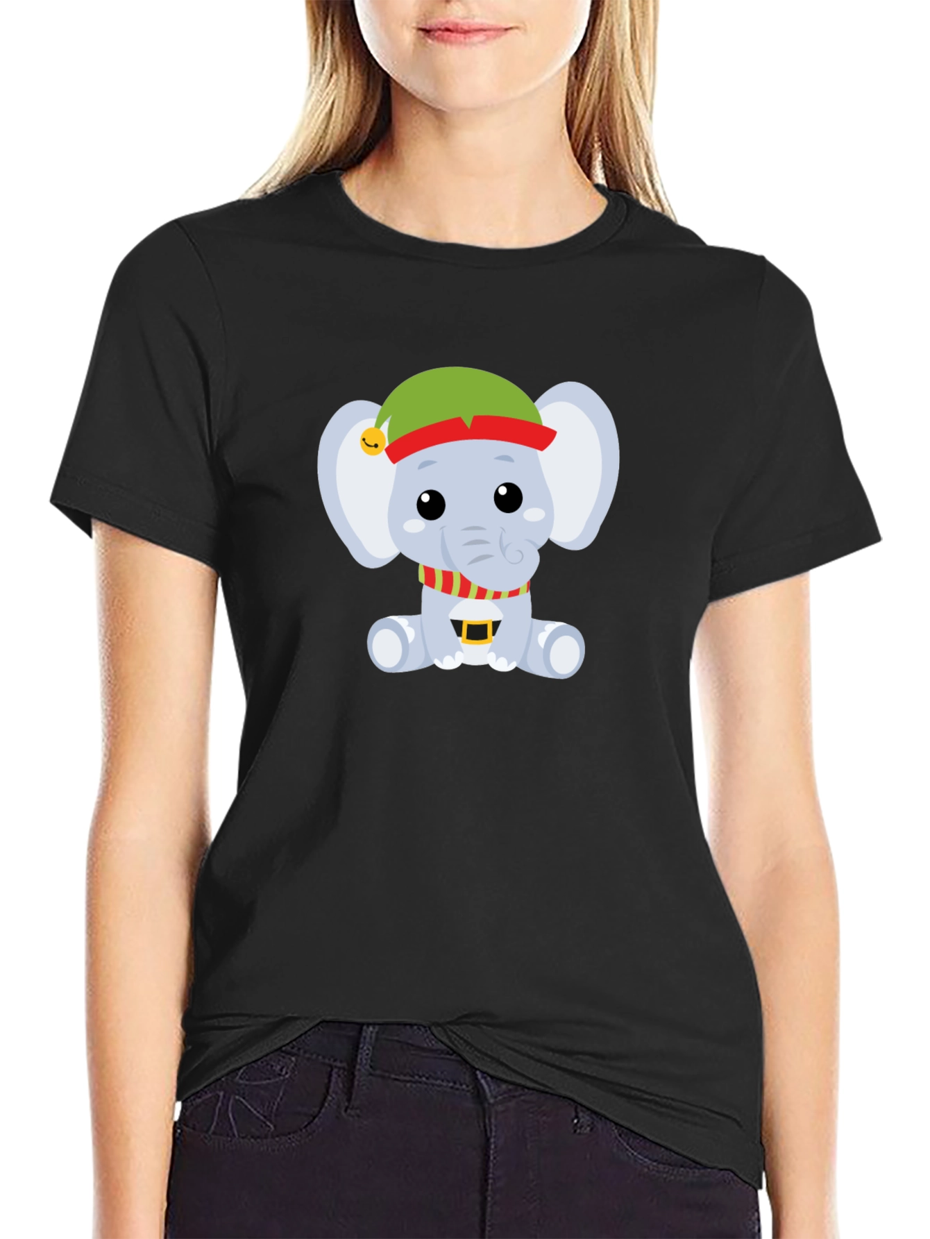Camiseta Negra con Elefante Navideño