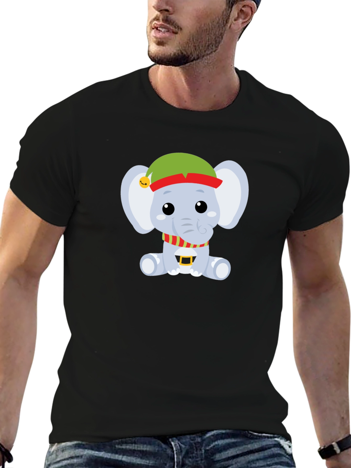 Camiseta Negra con Elefante Navideño