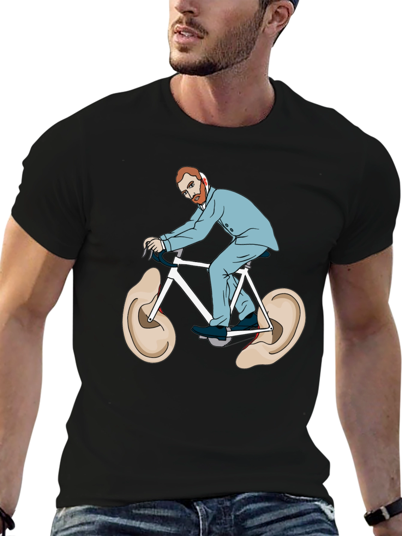 Camiseta Negra Van Gogh Bicicleta Orejas Arte Divertido