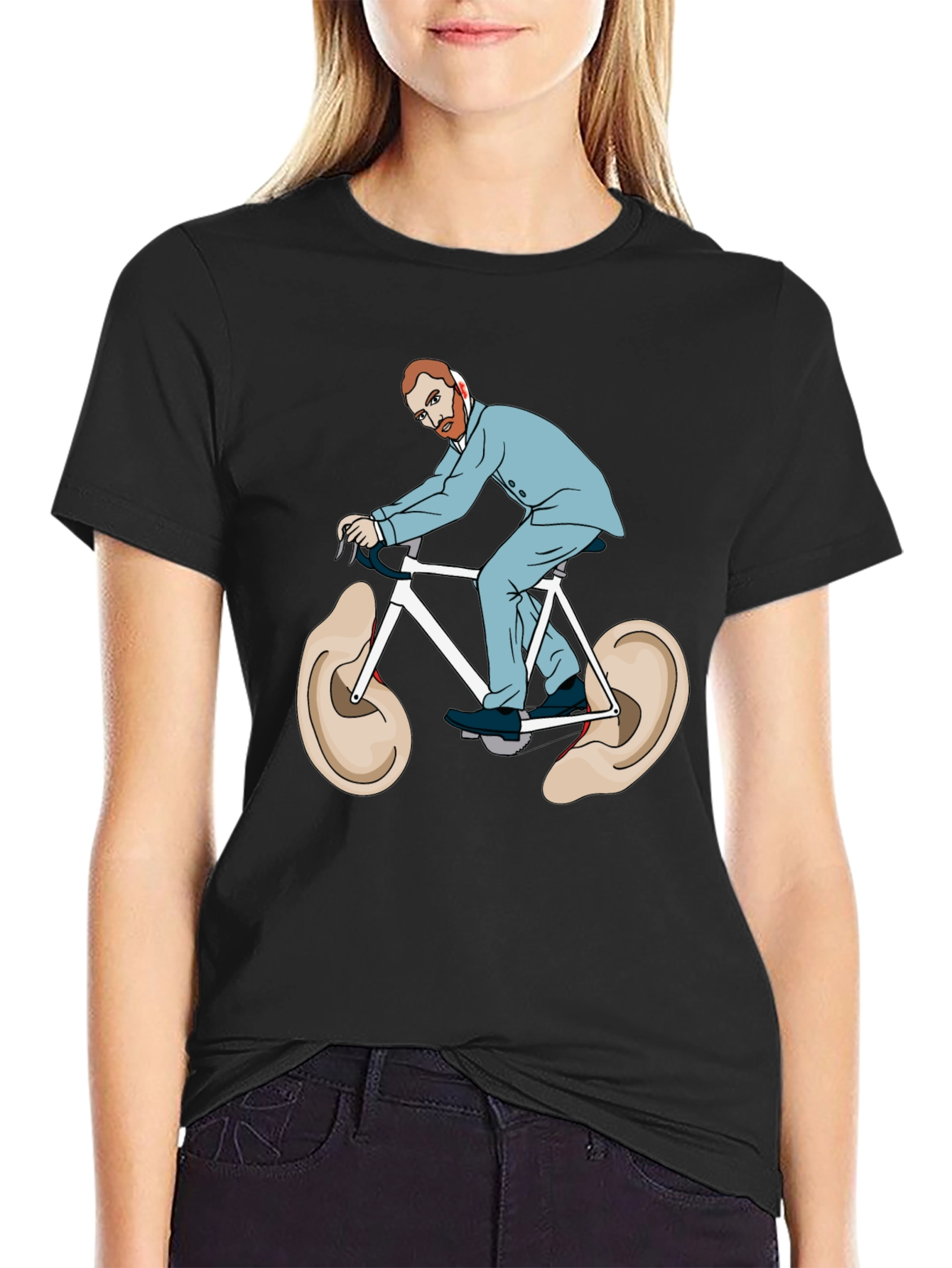 Camiseta Negra Van Gogh Bicicleta Orejas Arte Divertido
