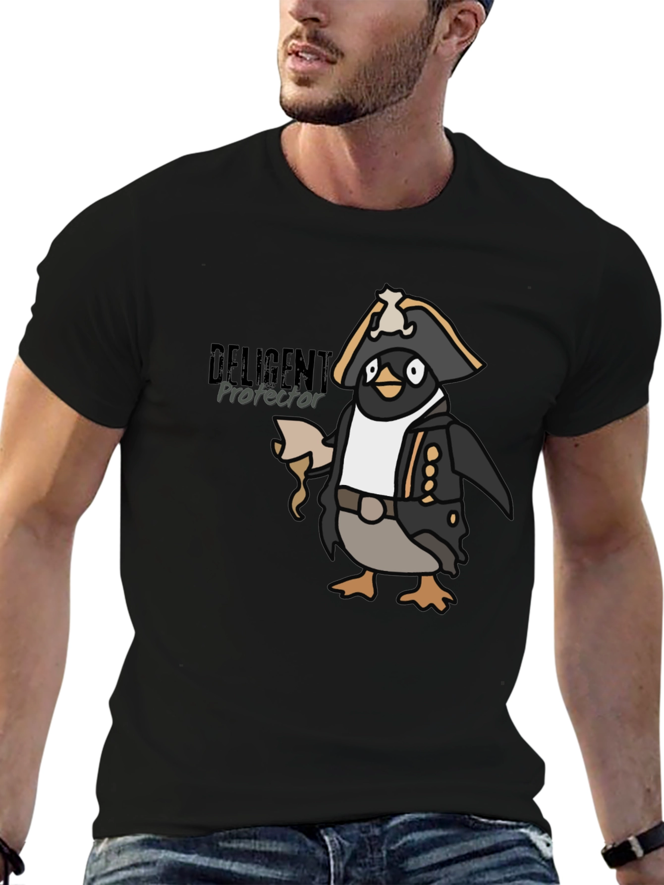 Camiseta Negra con Diseño de Pingüino Pirata Divertido