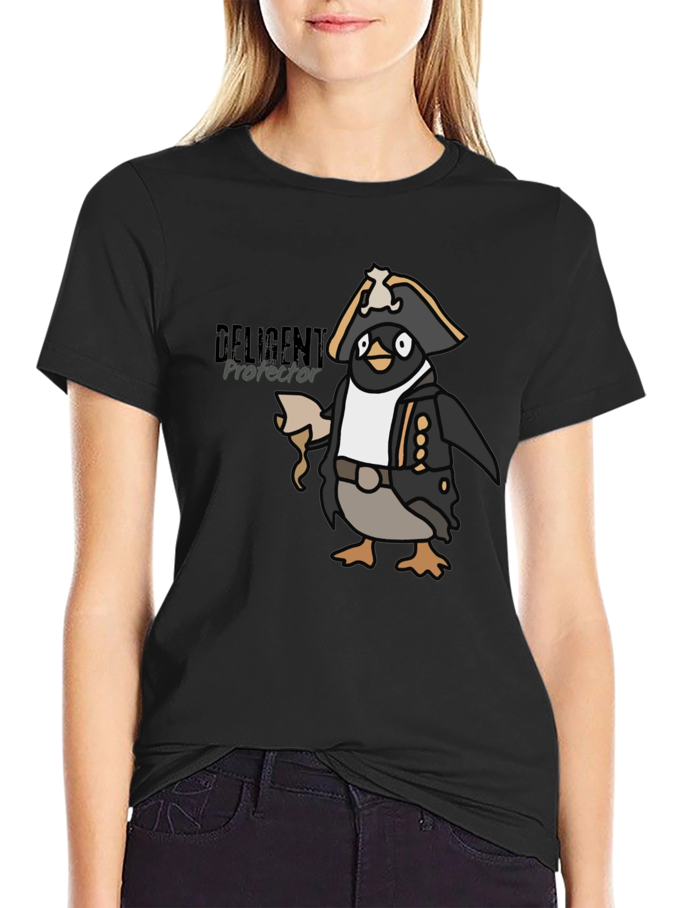 Camiseta Negra con Diseño de Pingüino Pirata Divertido
