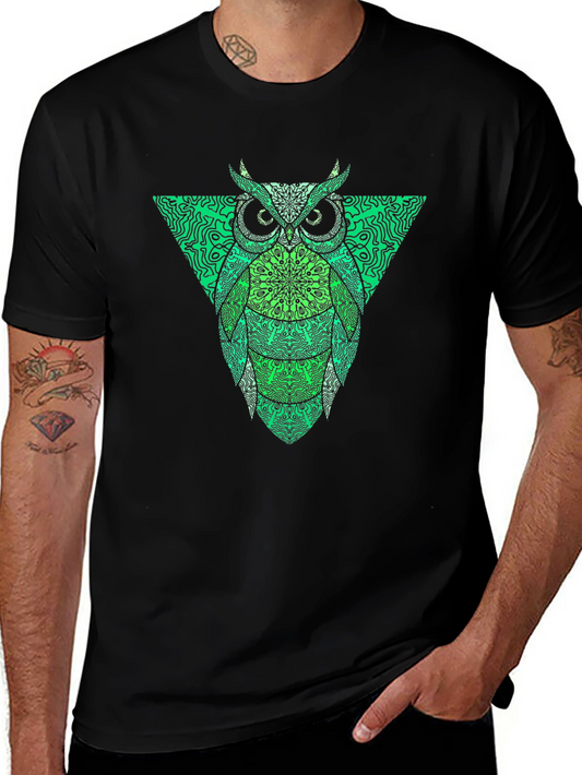 Camiseta Hombre Negra con Búho Triángulo Verde