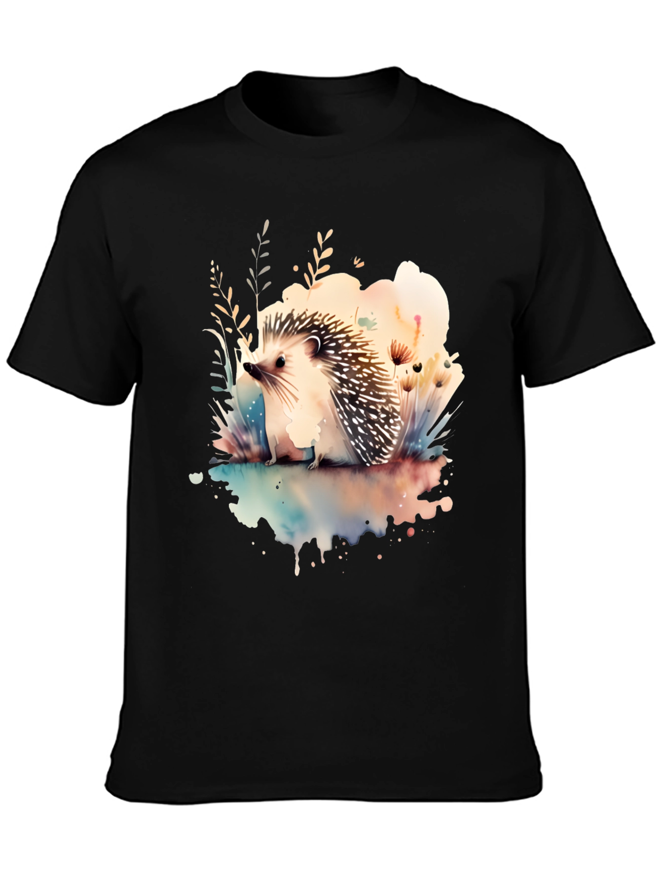 Camiseta Negra con Diseño de Erizo Acuarela