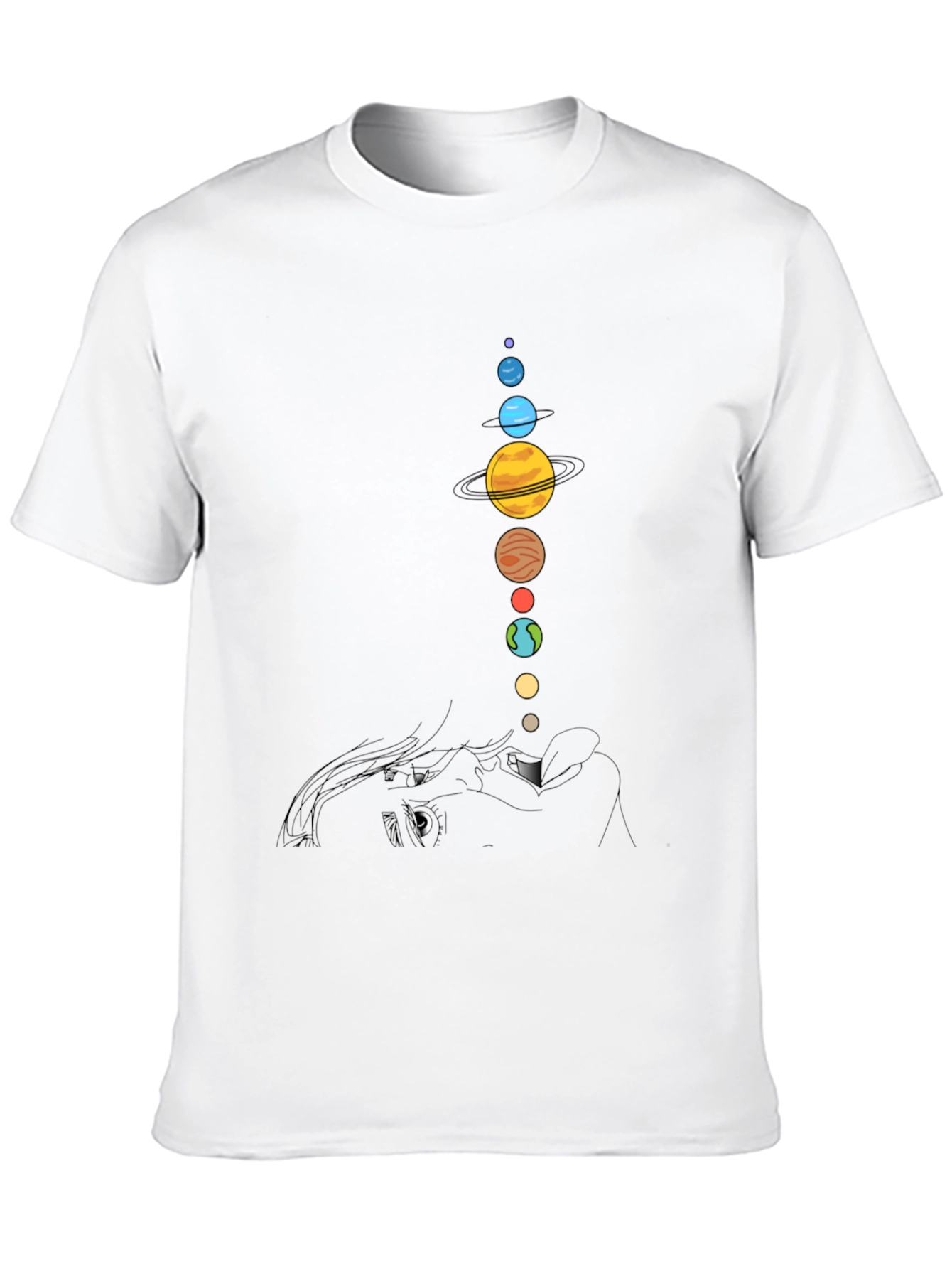 Camiseta Negra con Diseño de Planetas y Rostro