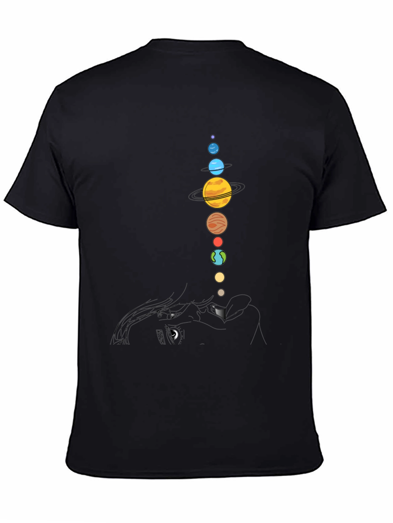 Camiseta Negra con Diseño de Planetas y Rostro