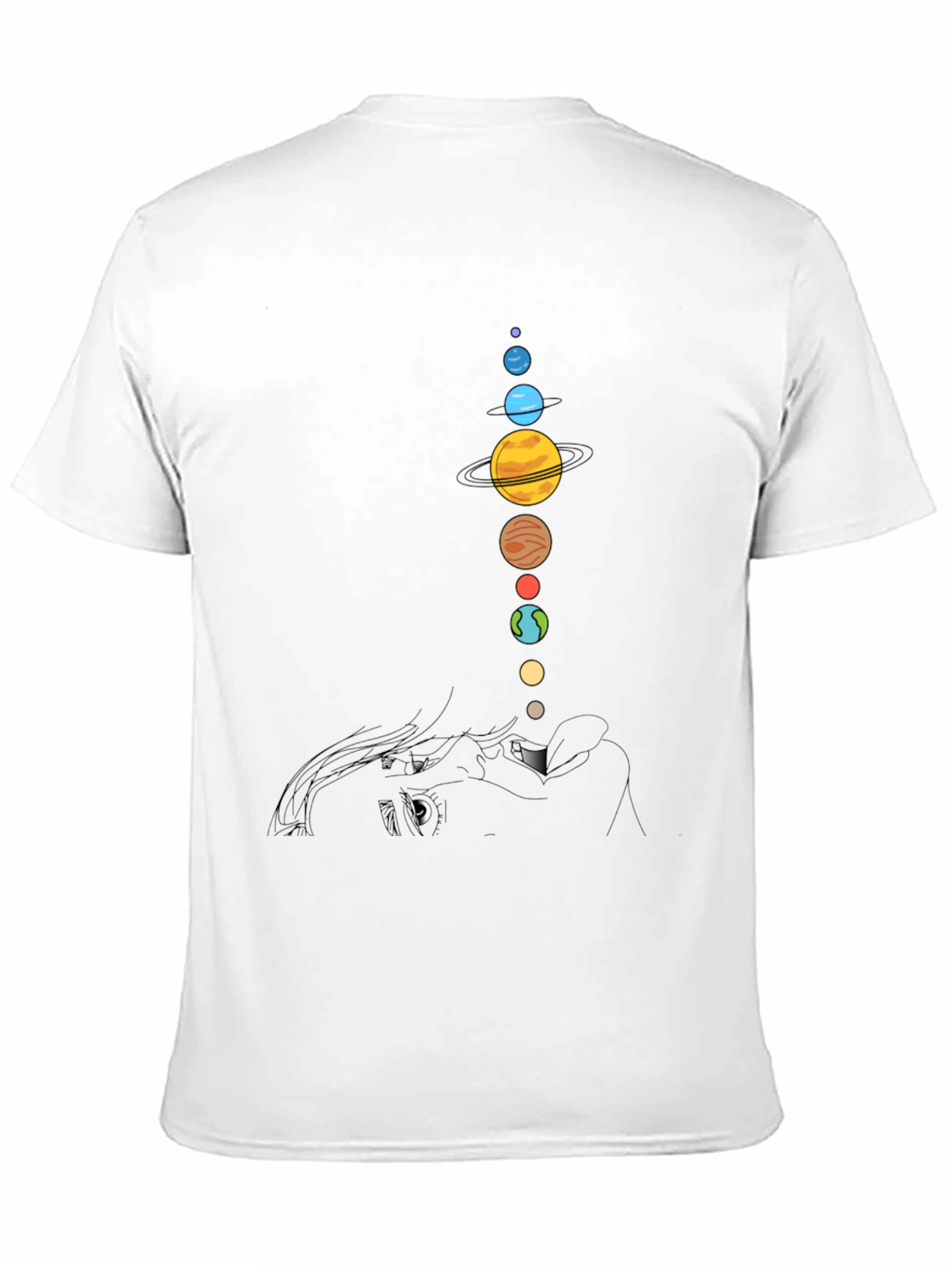 Camiseta Negra con Diseño de Planetas y Rostro