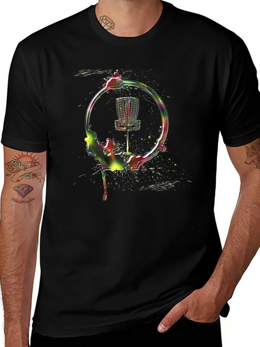 Camiseta Negra con Diseño de Cesta de Disc Golf Abstracta