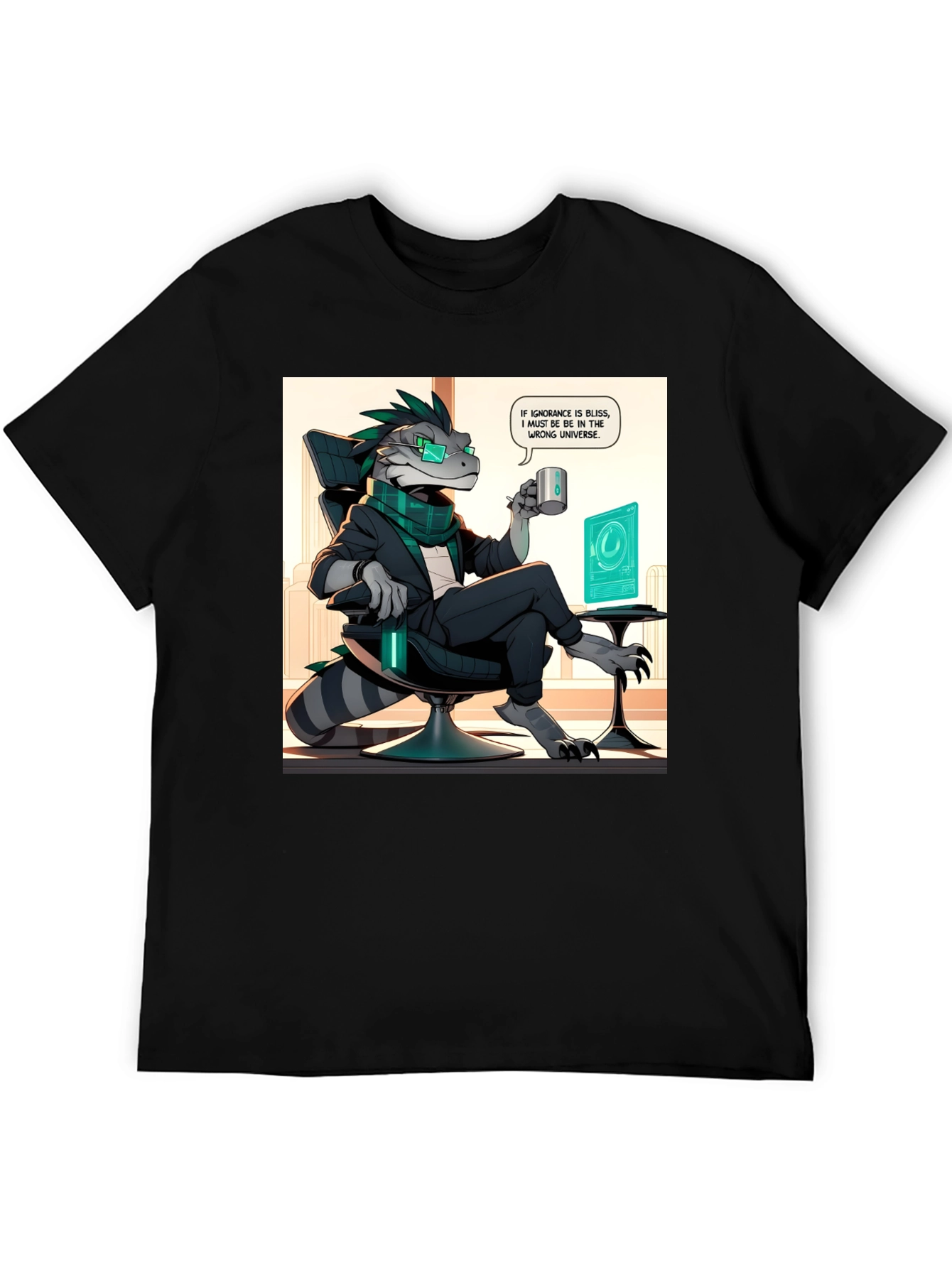 Camiseta Negra con Diseño de Lagarto Oficinista